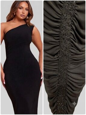 JESSICA Black One Shoulder Ruched Crystal Accent Dress Plus Size 16